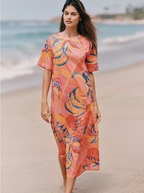 Farm Rio x Anthropologie Cotton Midi T-Shirt Dress — Fruit Brush NWT L GWP